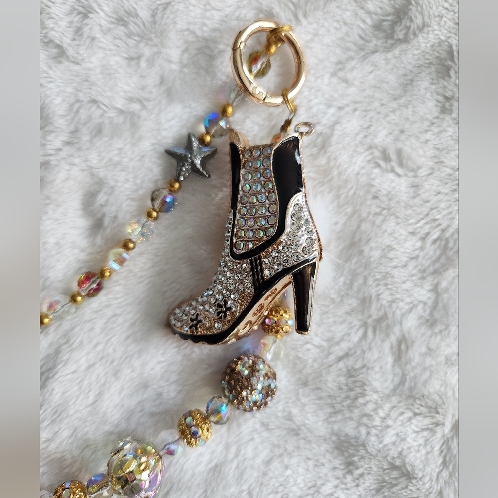 Gold and Brown Beaded Bag Charm Chain And Keychain Set Studded Boot Animal Print - Picture 4 of 16